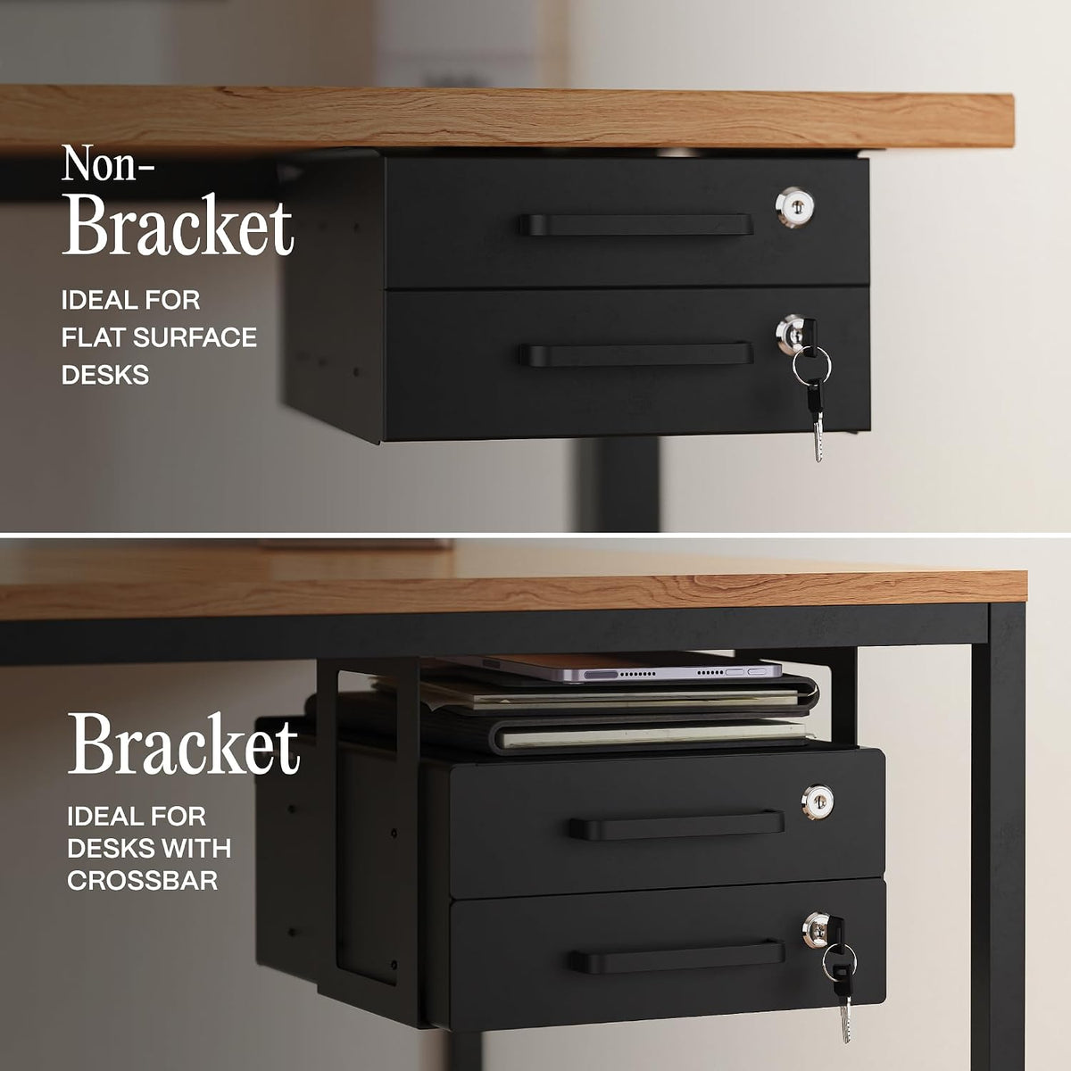Under Desk Drawer Slide-Out – Lockable Metal Storage Drawers with Cable Manag...