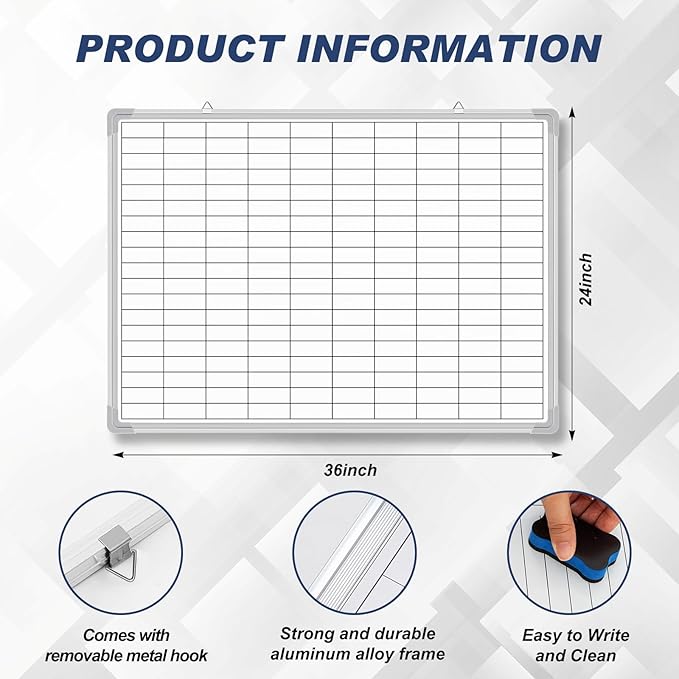 Lined Whiteboard Blank Grid Aluminum Frame Dry Erase Board Reusable Wall - Image 2