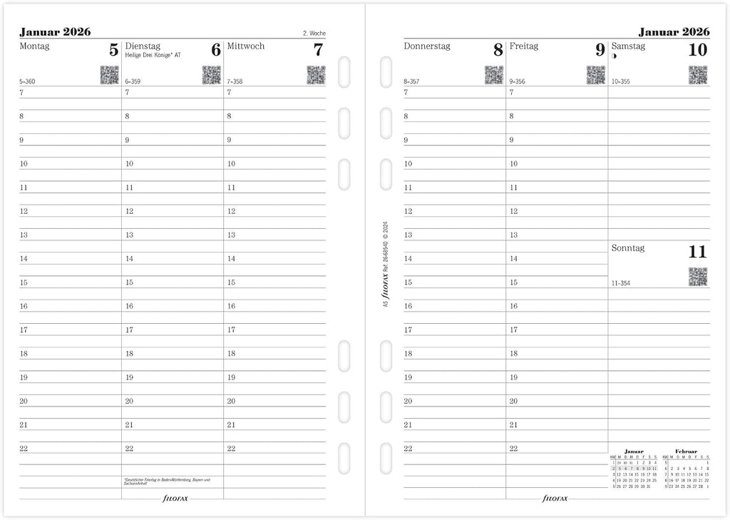 Filofax Calendar A5 Multi 1 Week on 2 Pages (German) 2026