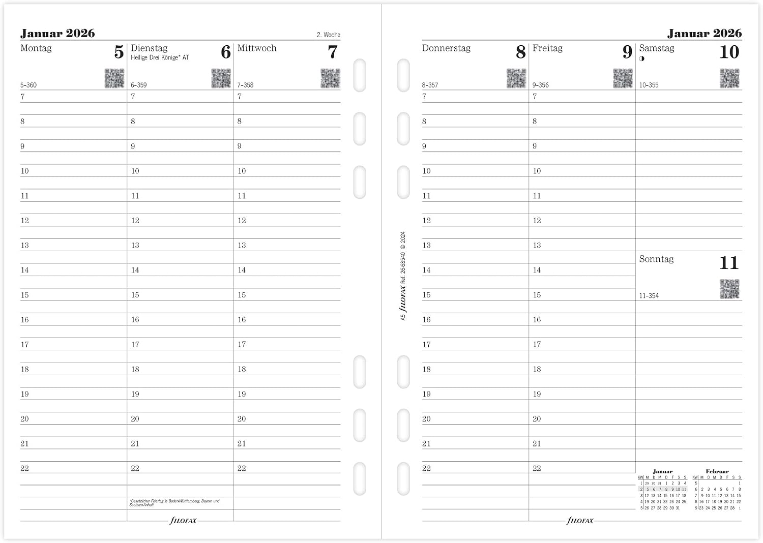 Filofax Calendar A5 Multi 1 Week on 2 Pages (German) 2026
