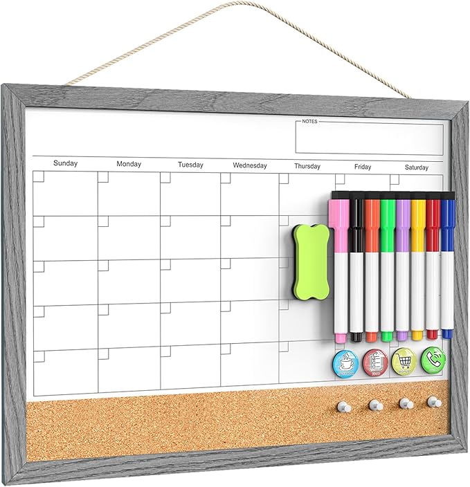 Calendar Whiteboard for Wall, 17x13 Inches Dry Erase Calendar Cork Board Combo by Tankee