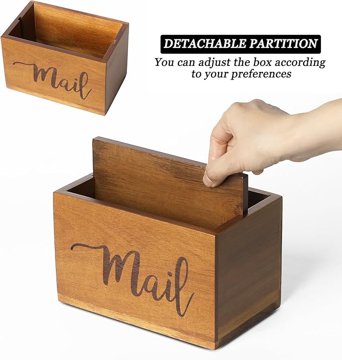 LBEMEY Mail Holder Storage Organizer Box, Acacia Wood Mail Organizer Countertop - Image 5