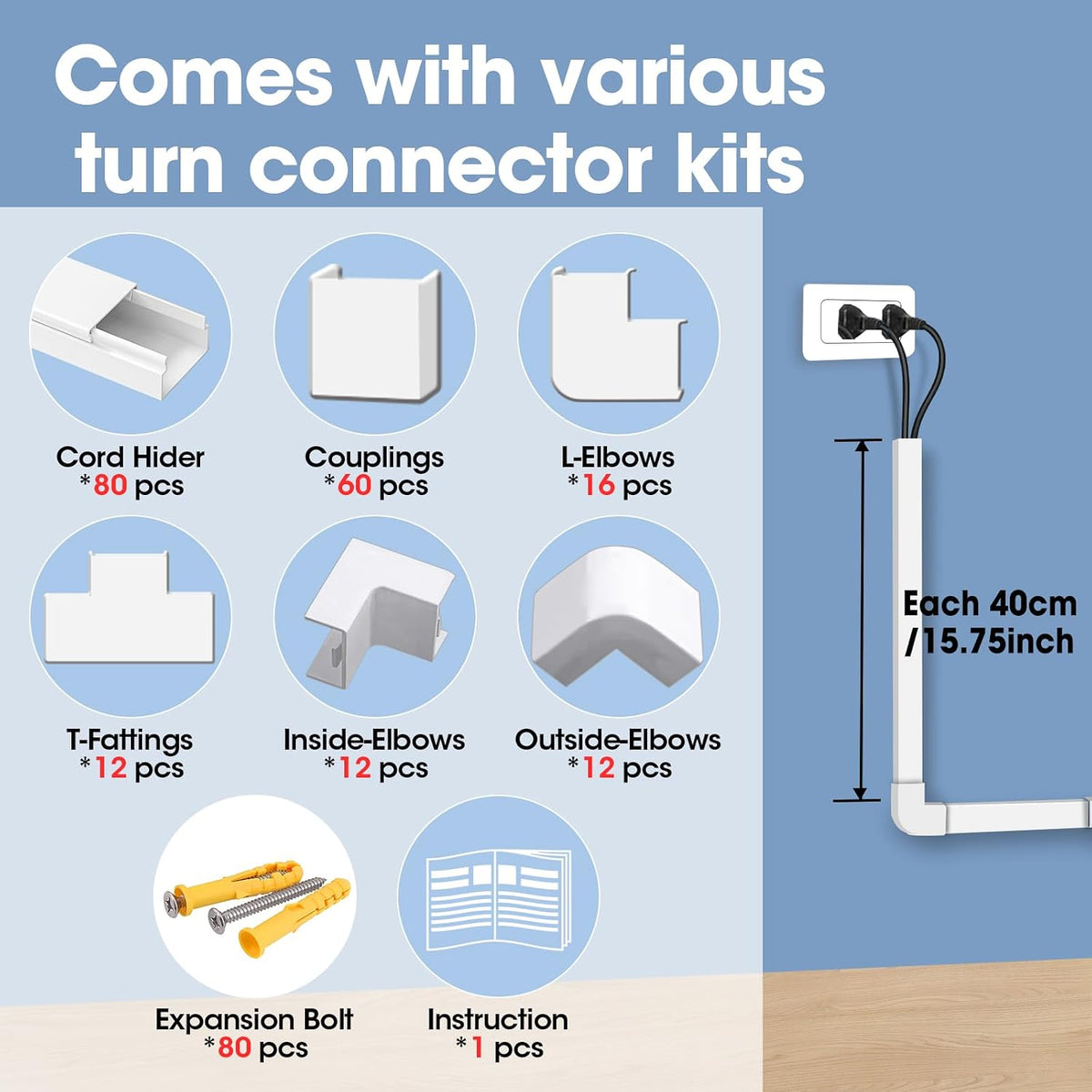 1260in Cord Hider Kit, Cord Covers for Wires on Wall, Paintable Cable Raceway...