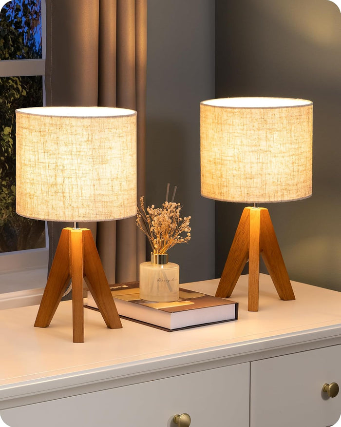 EDISHINE Small Table Lamp, Wooden Tripod Nightstand Lamp, 14.2", 2 Pack