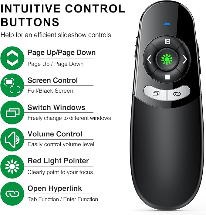 DINOSTRIKE USB A and USB C Presentation Clicker Green Light, RF 2.4GHz Wireless - Image 3