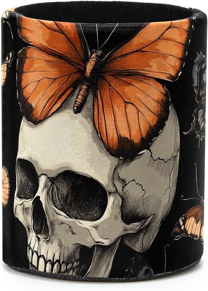 Leather Pen Holder for Desk, Butterfly Skull Pencil Cup Desktop Organizer by Unknown