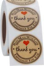 HYBSK Kraft Thank You Hand Made with Love with Red Heart Stickers 1.5" Inch Round Total 500 Adhesive Labels Per Roll (Kraft)