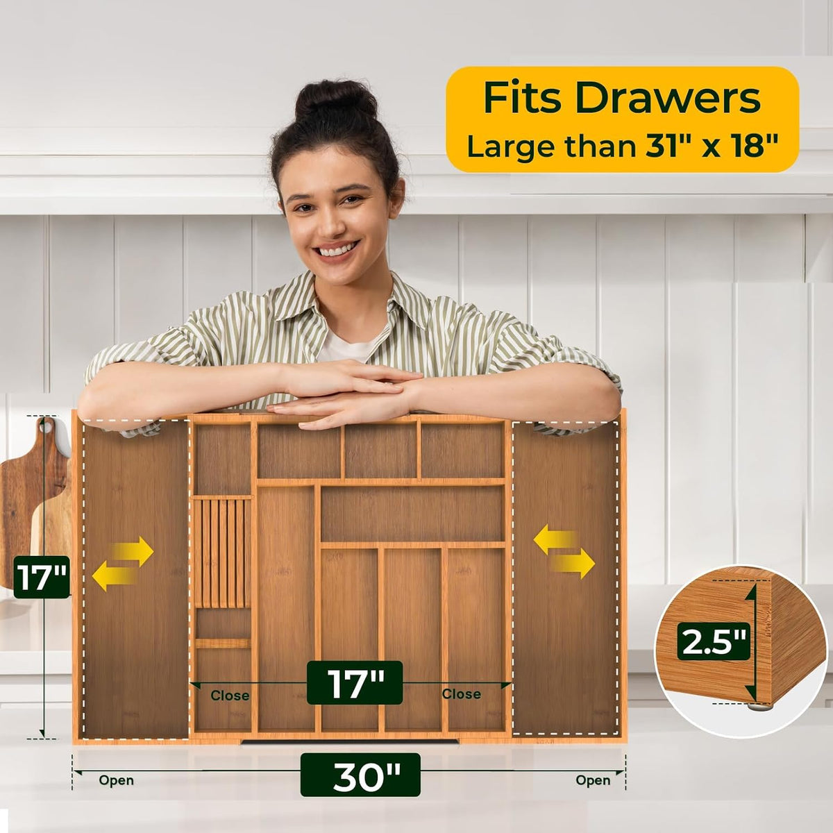keechee Carbonized Large Bamboo Kitchen Drawer Organizer, 12 Slots Expandable...