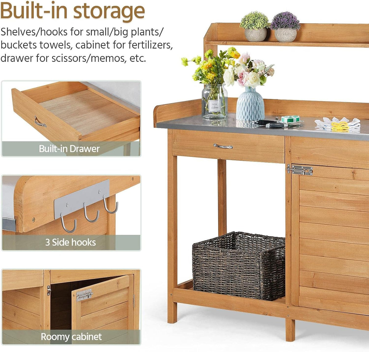 Yaheetech Potting Bench Outdoor Potting Table with Storage,Natural Wood