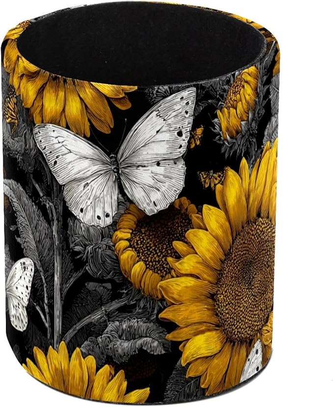 Leather Pen Holder for Desk Sunflower Butterfly Pencil Cup Desktop Organizer by Unknown