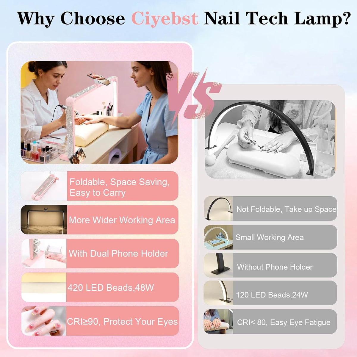 Nail Tech Lamp for Desk, 34 in Large Half Moon Light with Phone Holder, 48W B...