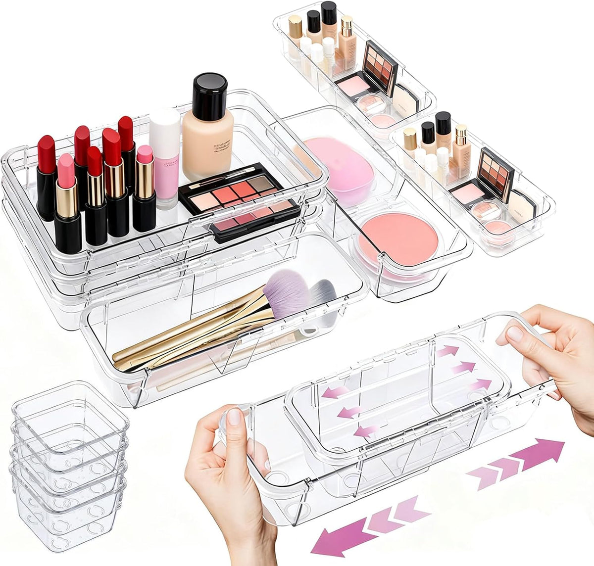 16 Pcs Upgraded Extendable Clear Drawer Organizer, Adjustable Vanity Storage ...
