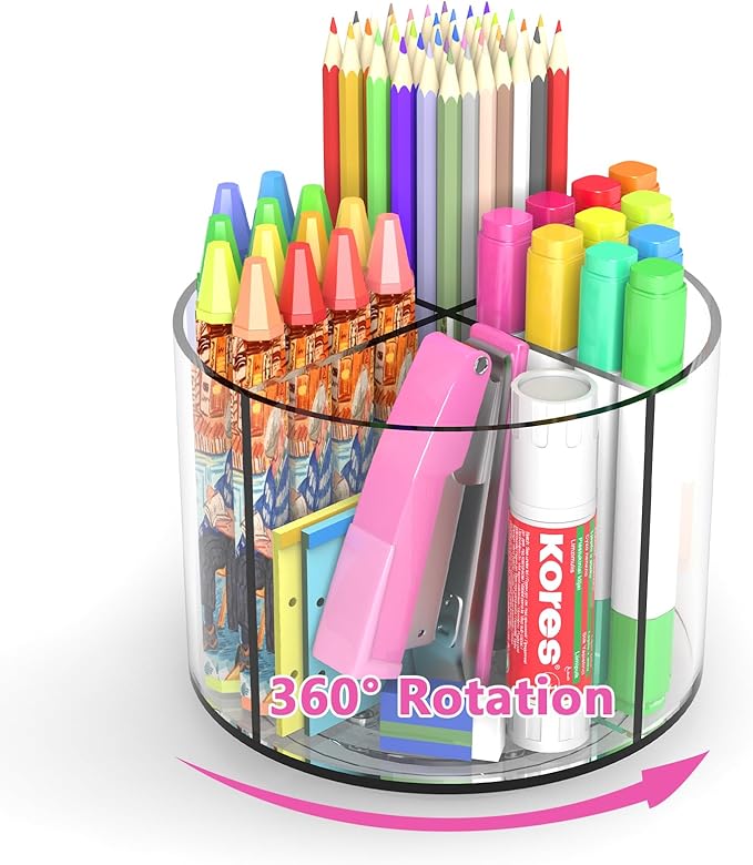 Wawocs Small Pencil Organizer for Desk Acrylic 4 Compartments, Tiny Rotating by Wawocs