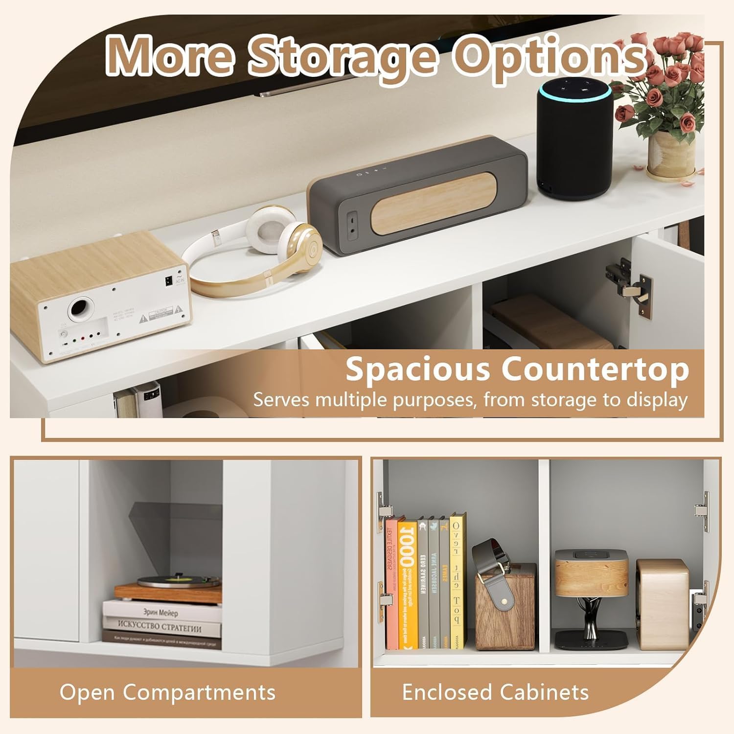 SIMOE Wall Mounted Media Storage Cabinet, Floating Hanging Desk Hutch with Doors and 2 Open Shelves, Floating Console Hutch for Bathroom, Kitchen, Living Room,White, 13" D x 42.5" W x 12" H