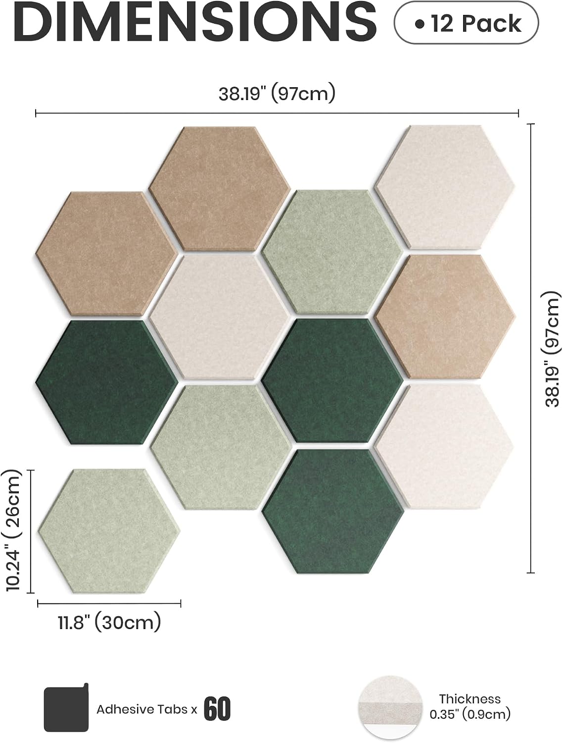 Fluxynara 12-Pack Hexagon Felt Bulletin Board Tiles, Nordic Moss-1