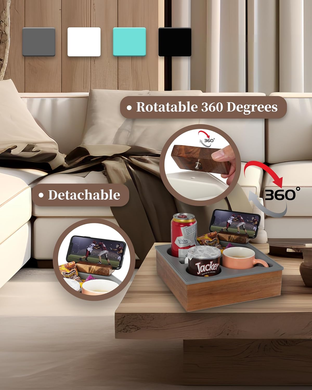 Couch Cup Holder Tray, Handy Soft Silicone Acacia Wooden Couch Caddy for Bed ...