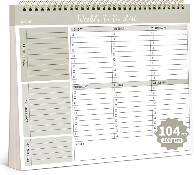 104 Pgs Weekly To Do List Notepad, 52 Duplex-Printed Undated Sheets 100 by ALKALO