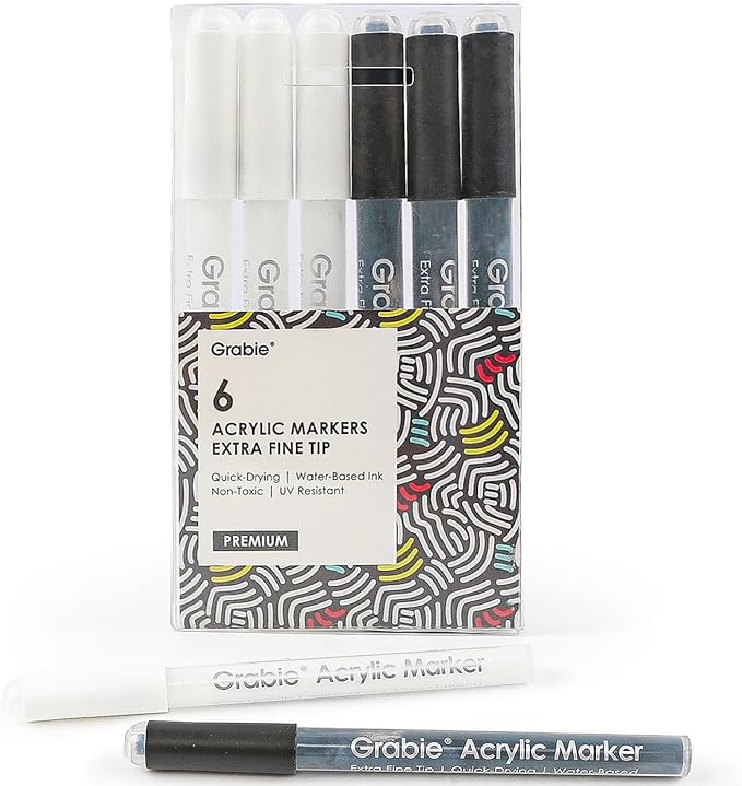 Grabie Black & White Extra Fine Tip Acrylic Paint Marker Set, 6 Pack, 0.7mm - Image 7