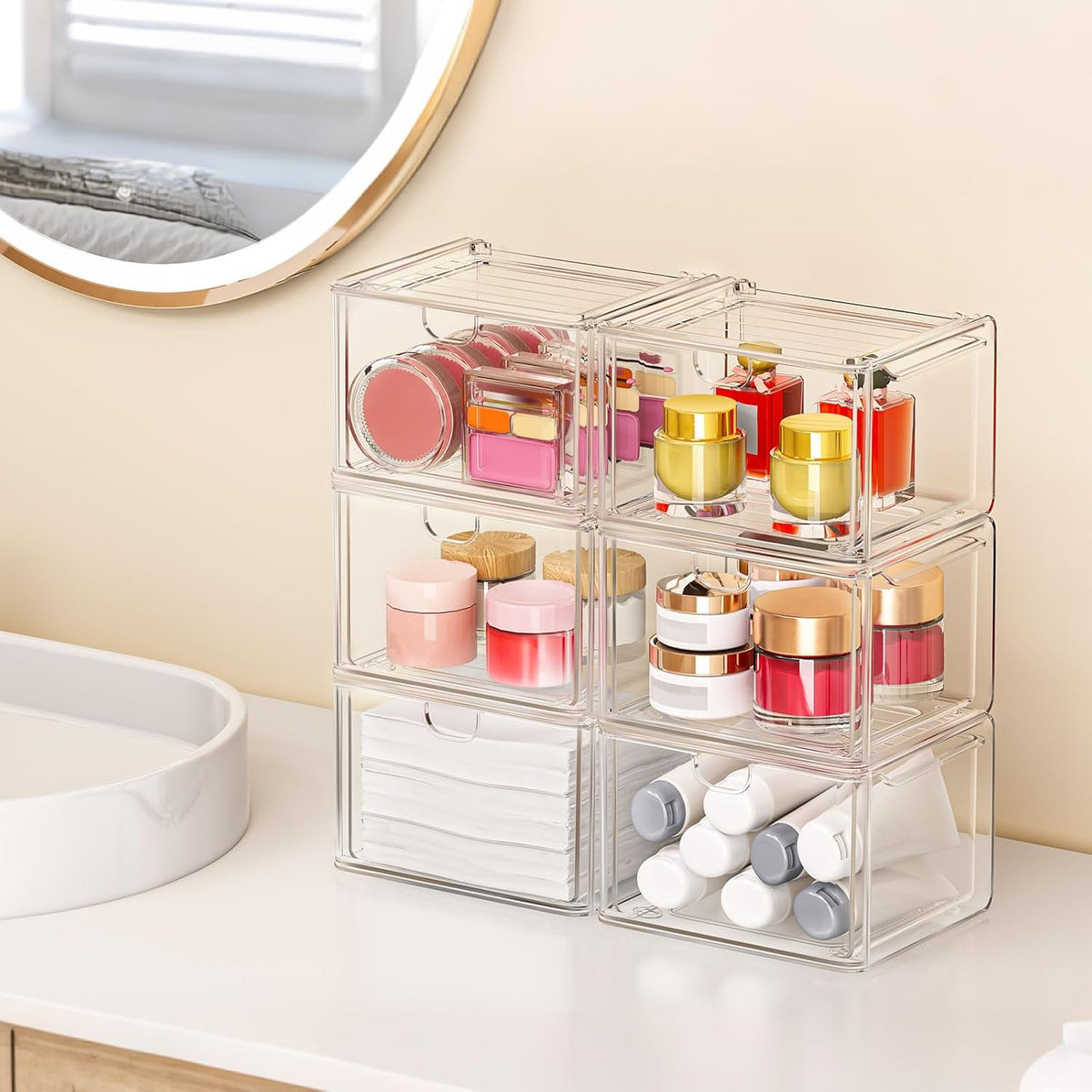 caktraie 6-pack acrylic stackable storage drawers for vanity on a desk or shelf