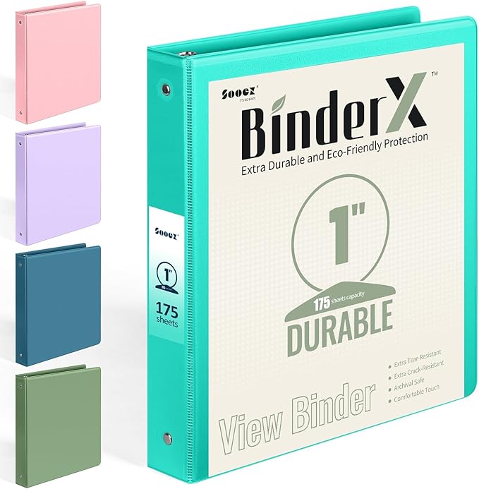 BinderX Extra Durable 3 Ring Binder, Round Rings 1 Inch Binder, Fits 175 Sheets by Sooez