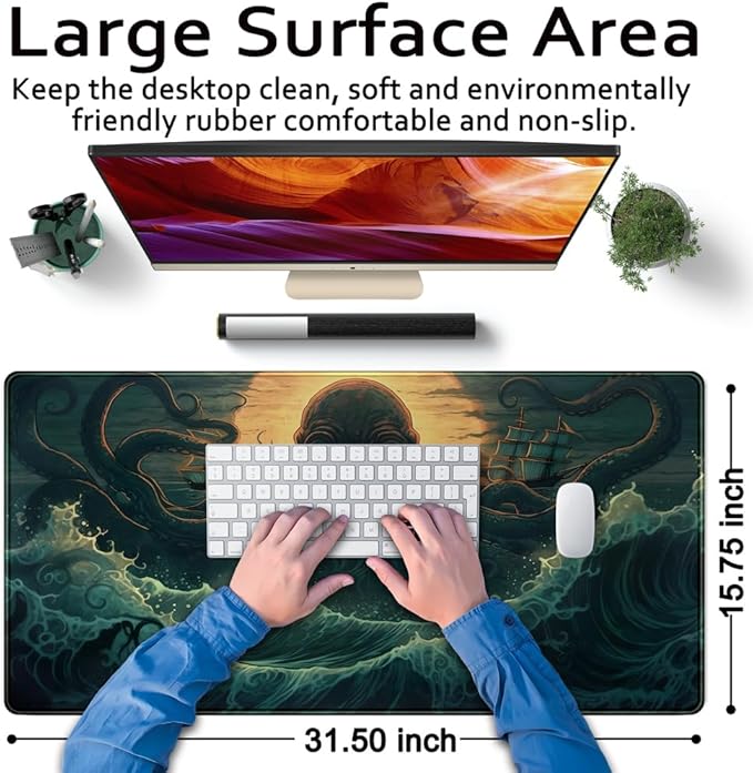 Octopus Anime Desk Pad Ocean Large Mouse Pad Gaming, Extended Kanagawa Desk Mat - Image 6