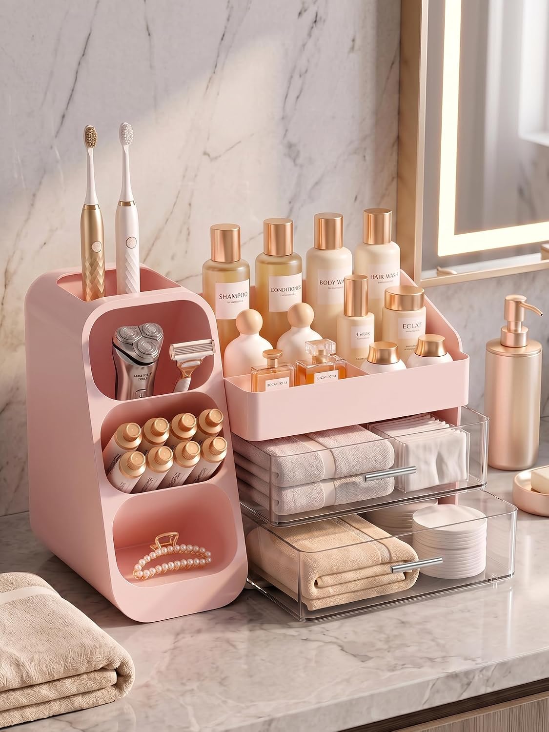 Booklov Large Makeup Organizer for Vanity Countertop, Pink