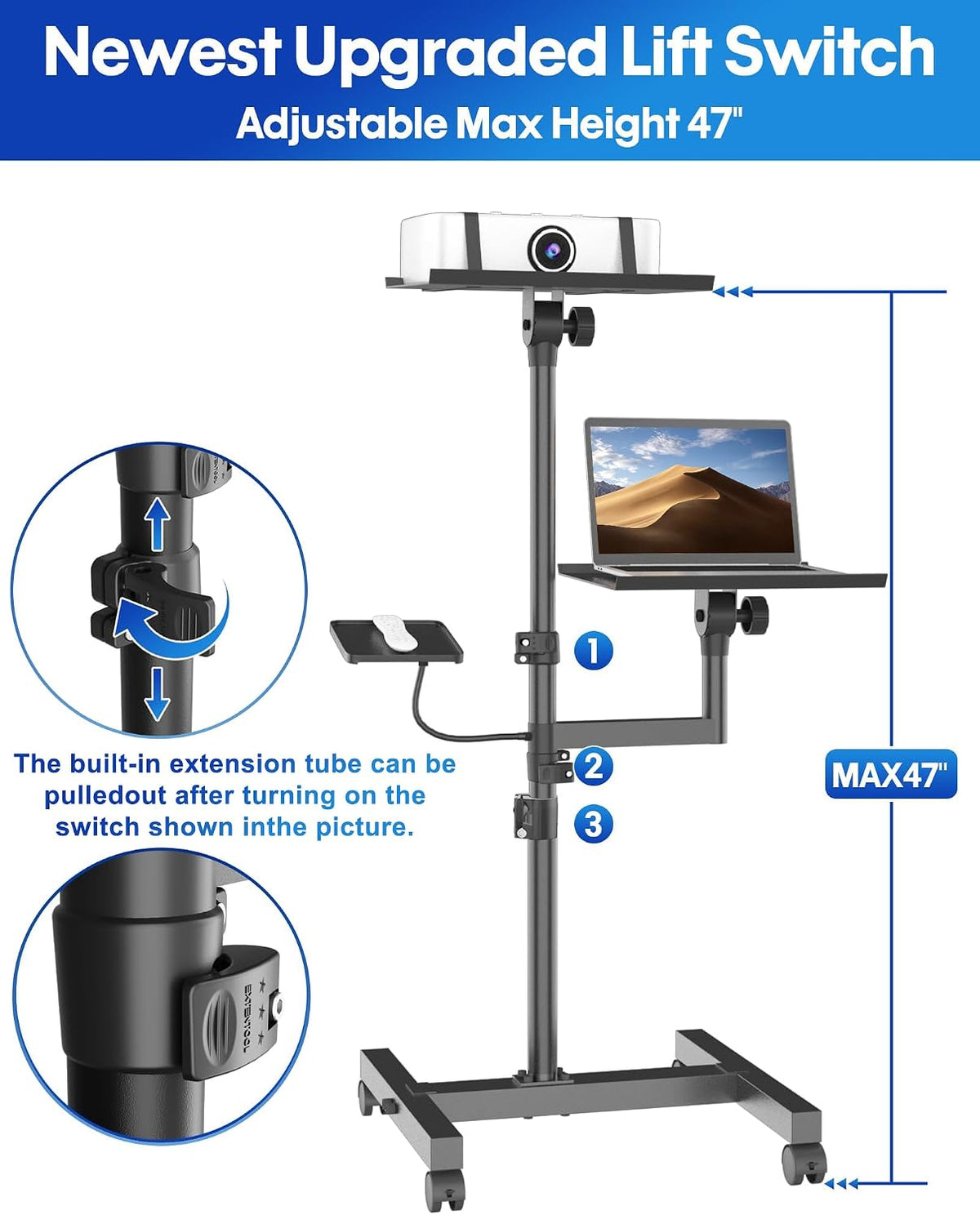 Projector Stand, 2-Shelf Laptop Tripod Stand with Adjustable Height
