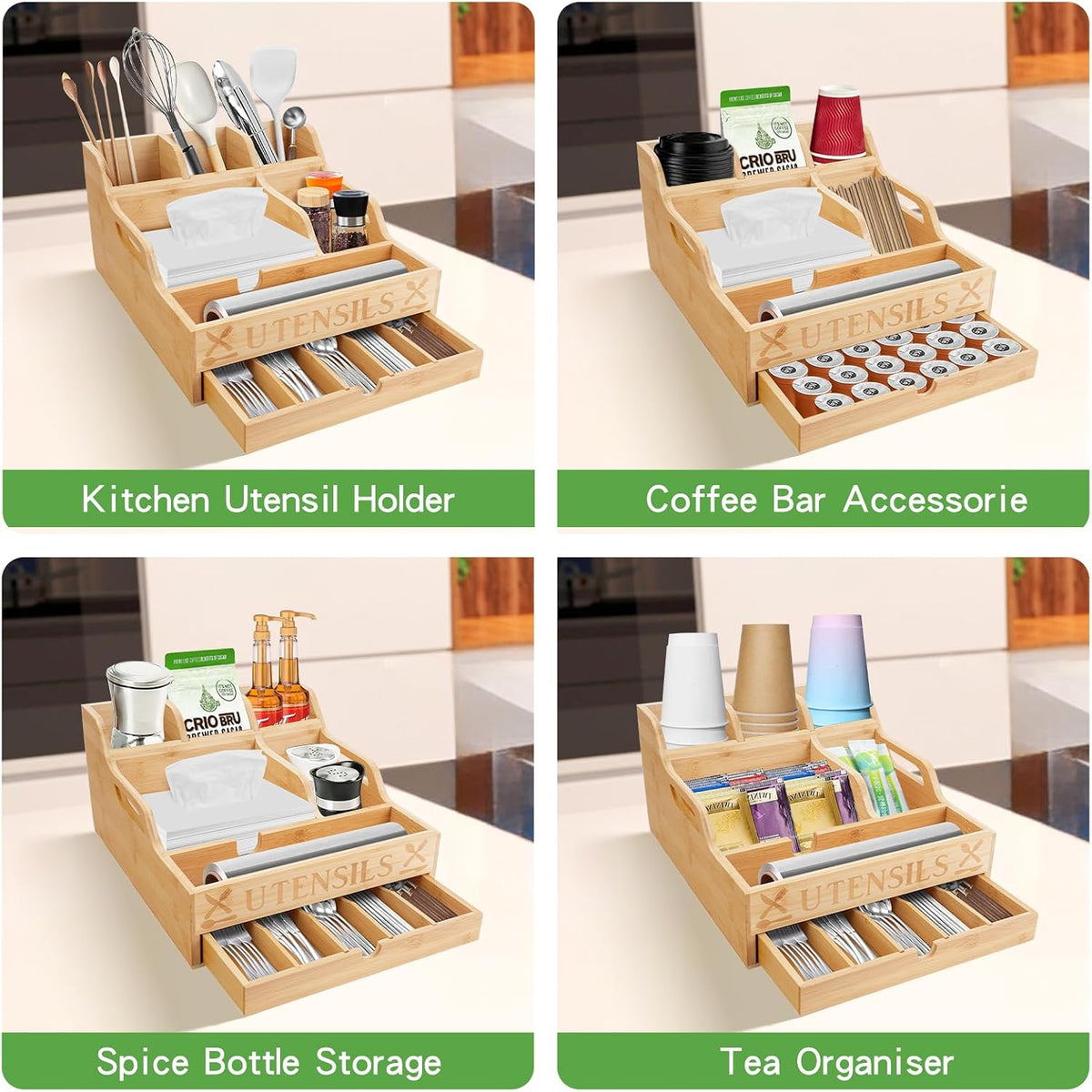 Kitchen Utensil Holder with Drawer, Farmhouse Spatula Organizer for Counterto...