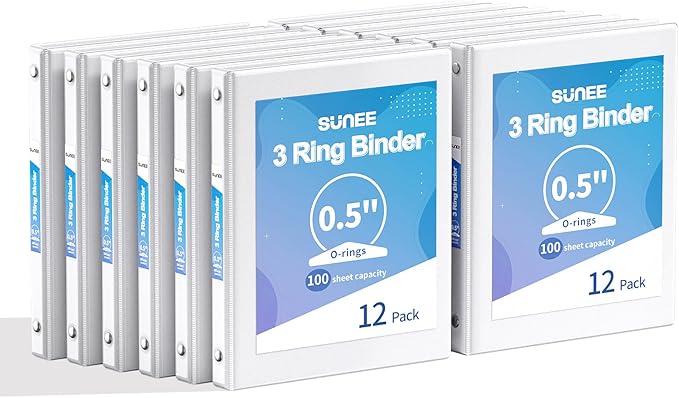 SUNEE 1/2 Inch Binders 3 Ring 12 Pack Bulk, 3 Ring Binders Clear View PVC-Free by SUNEE