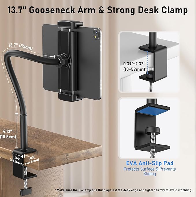 TeQable Tablet Stand for Desk, Gooseneck iPad Holder Clamp Mount, 360° - Image 3