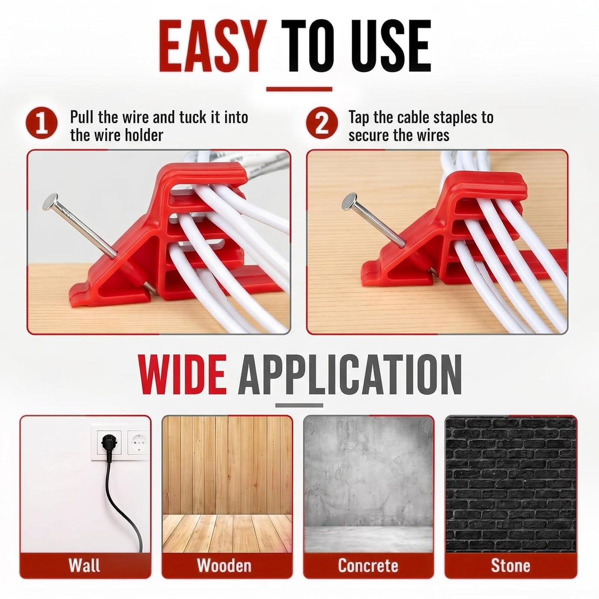 100 Pcs Cable Stacker Wire Staples, Plastic Clips with Nail, Red