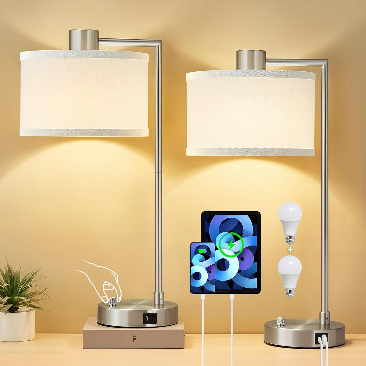 Silver Table Lamp Set of 2, Dimmable Bedside Lamps for Night Stand, USB A+C