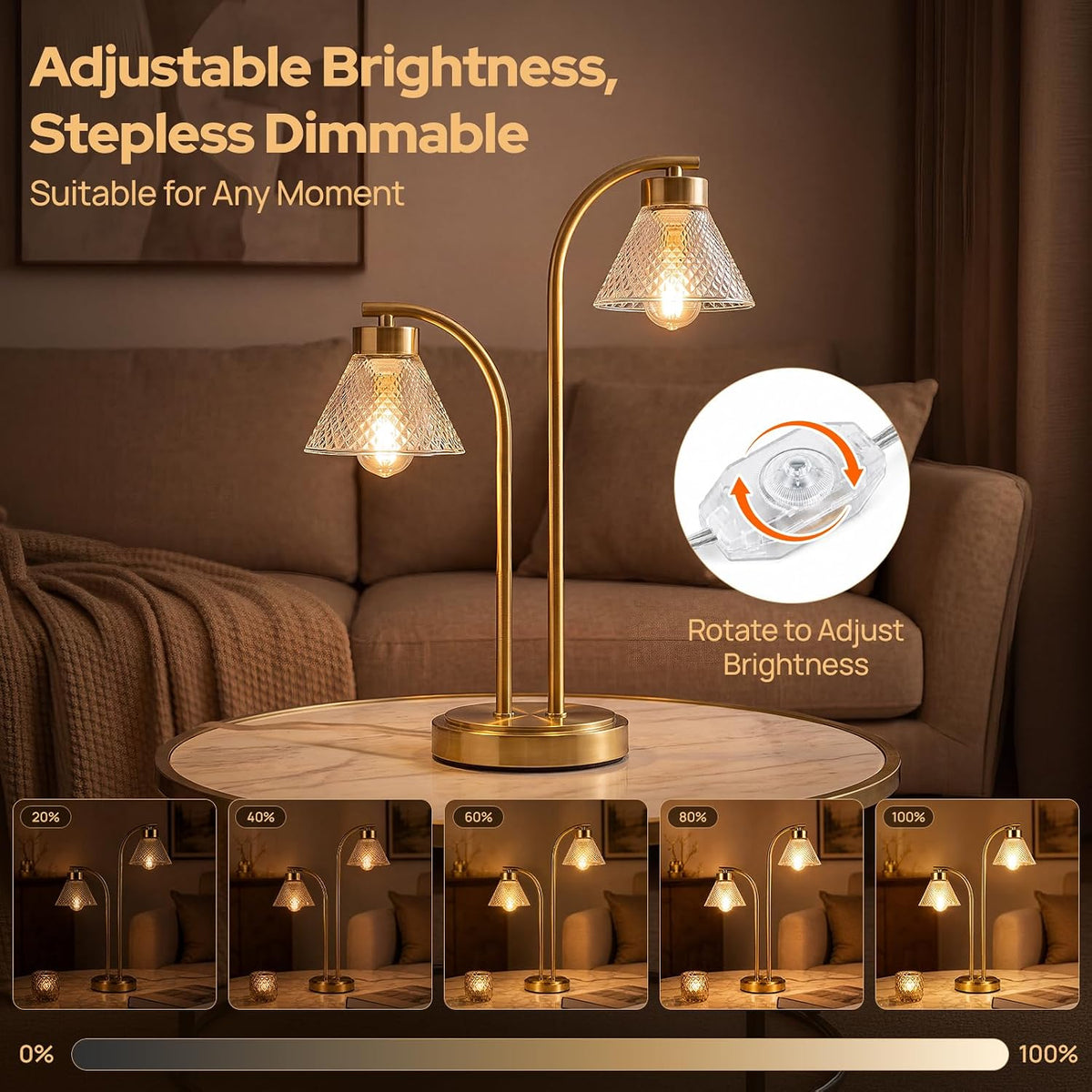 Mid Century Modern Gold Lamp for Bedroom, Amber