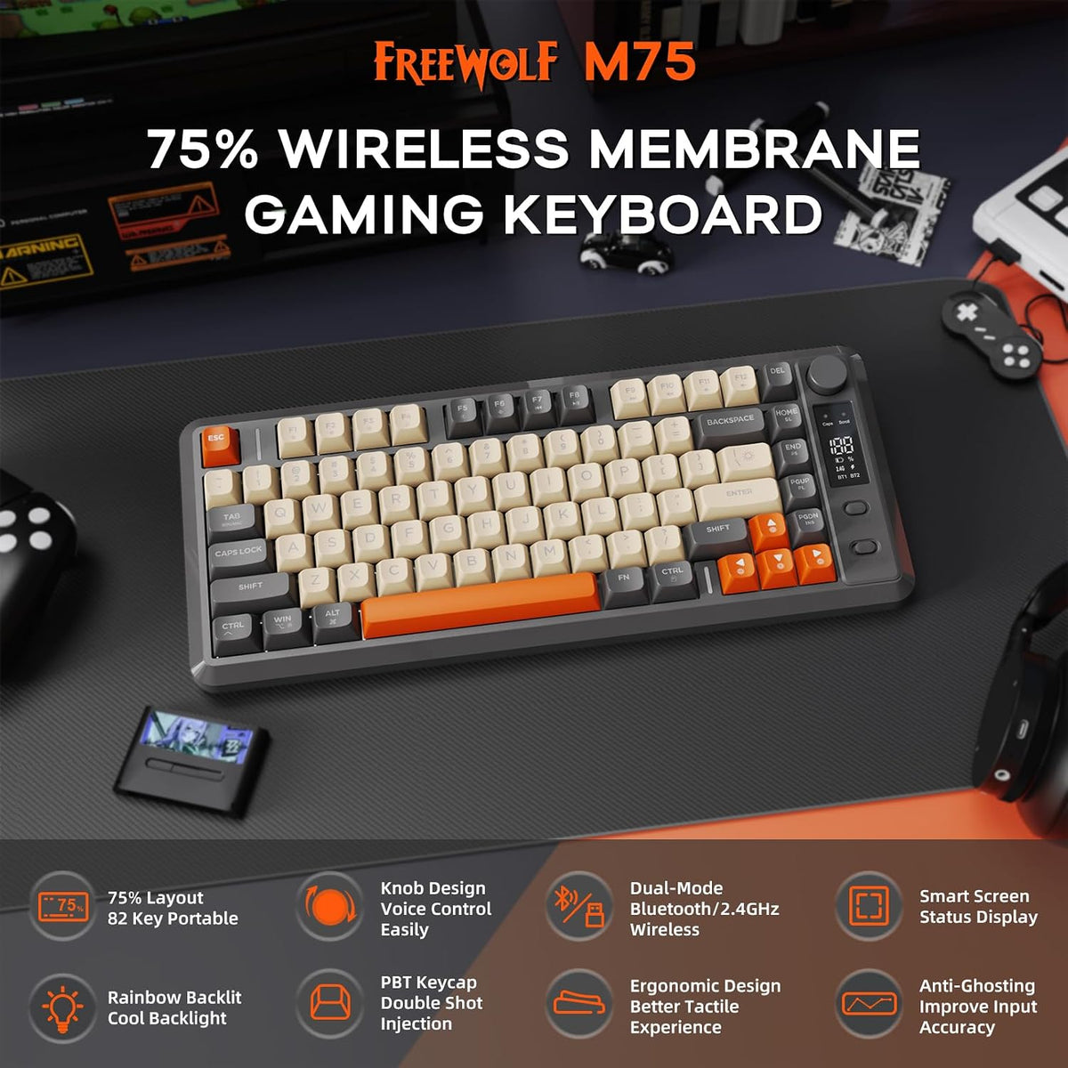Free wolf M75 Wireless Gaming Keyboard Mechanical Feel Membrane - Dark Grey