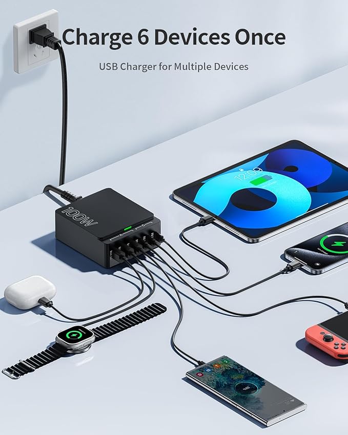 USB C Charger Block Charging Station: 100W 6 Port GaN Fast Charging Brick Hub - Image 4