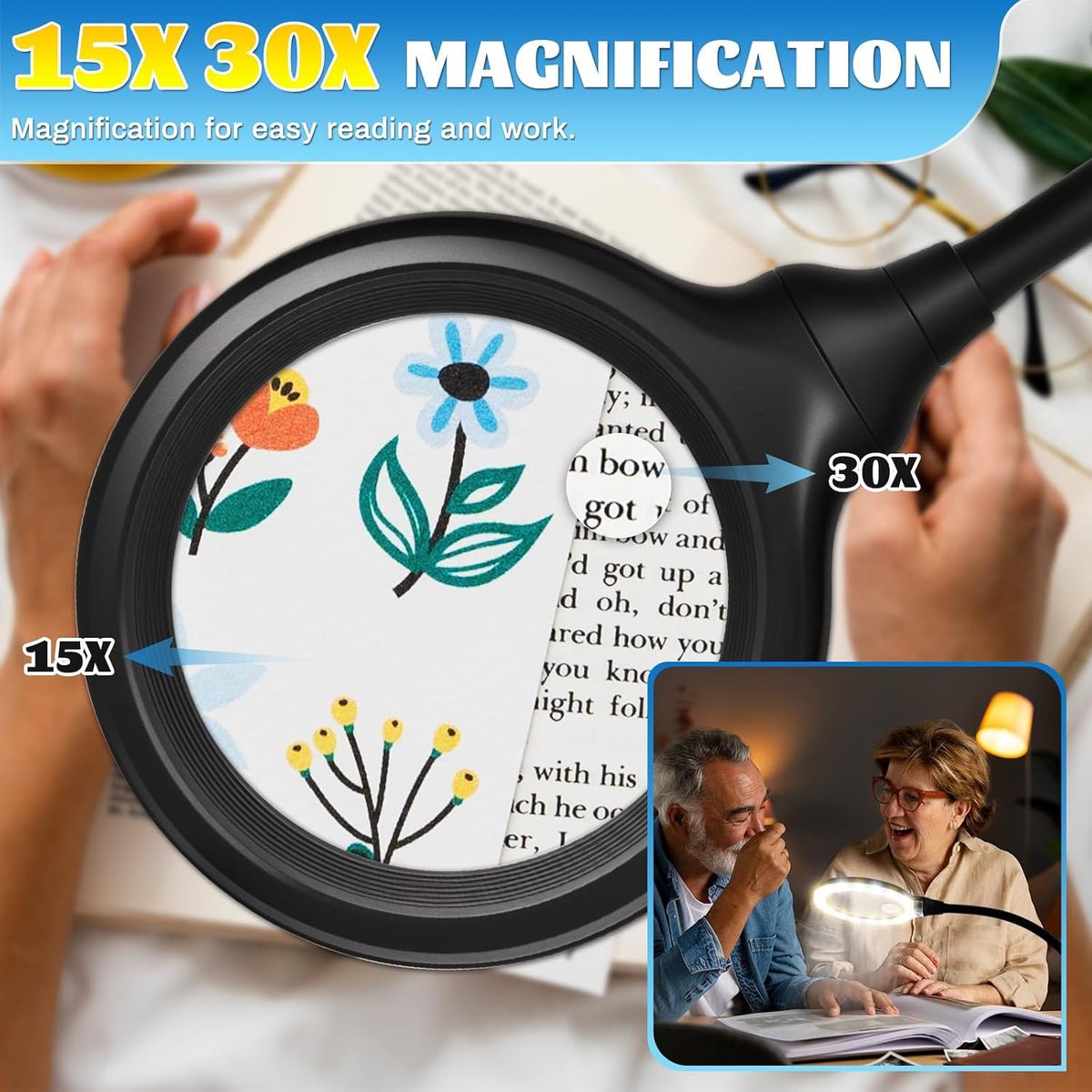 Rechargeable Magnifying Glass with Light and Stand, 15X 30X