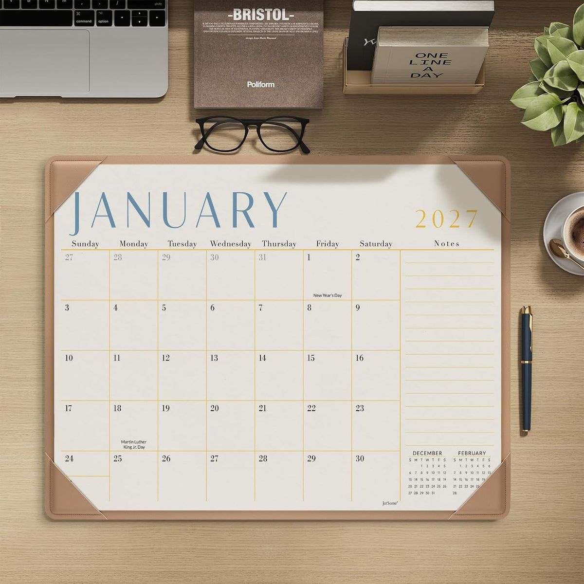 Jotsome Desk Calendar 2026-2027 with Protective Mat, Large Desk Calendar