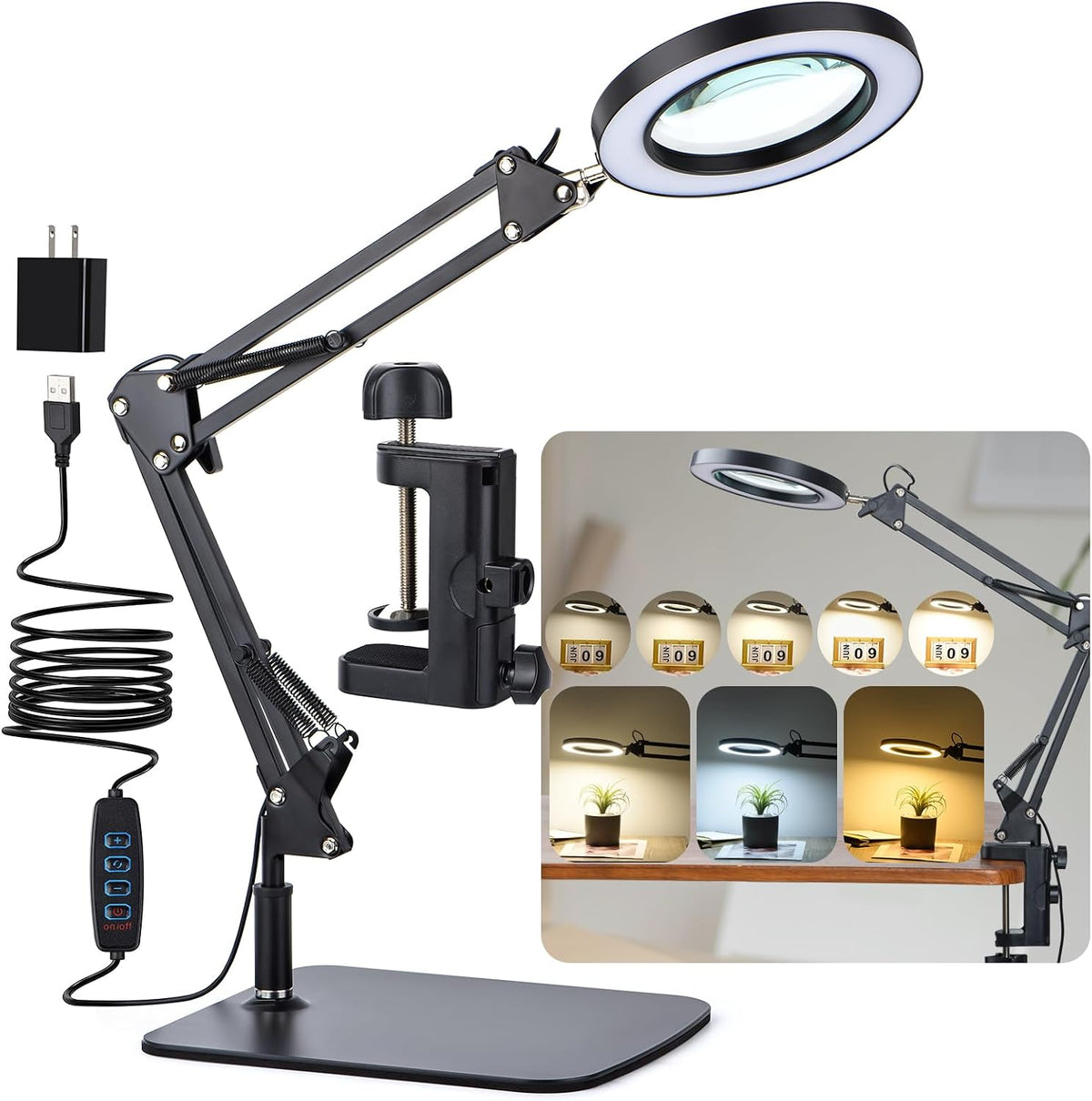 LED Magnifying Desk Lamp with Stand and Clamp for Repair, Crafts, Reading