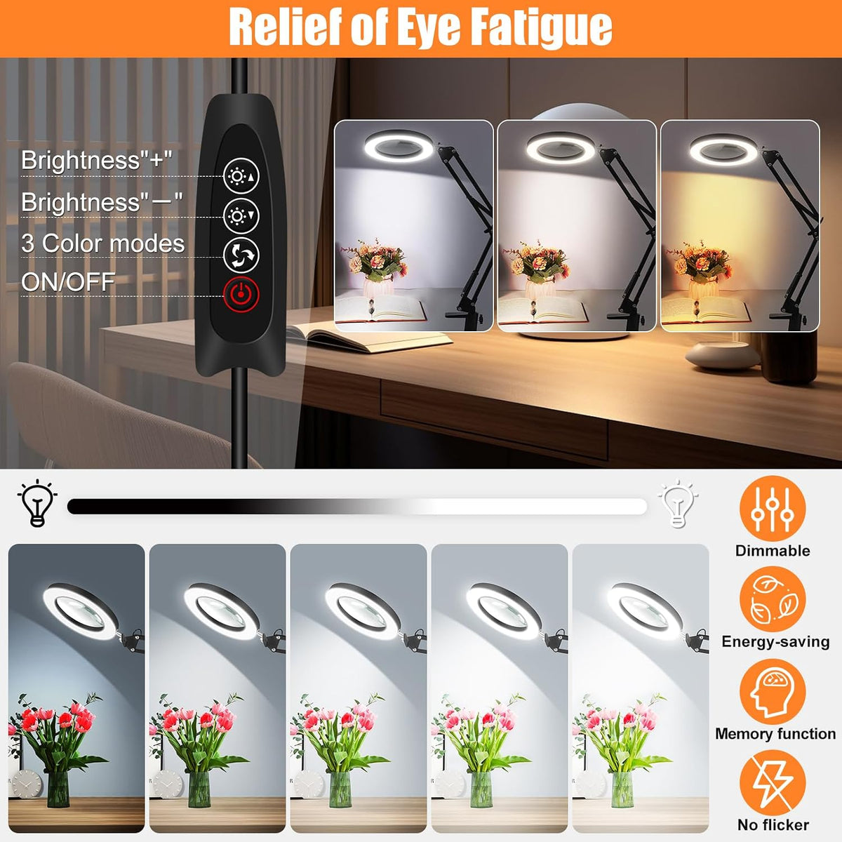 10X Magnifying Glass with Light and Stand, Dimmer Adjustable Swing Arm 2-in-1...