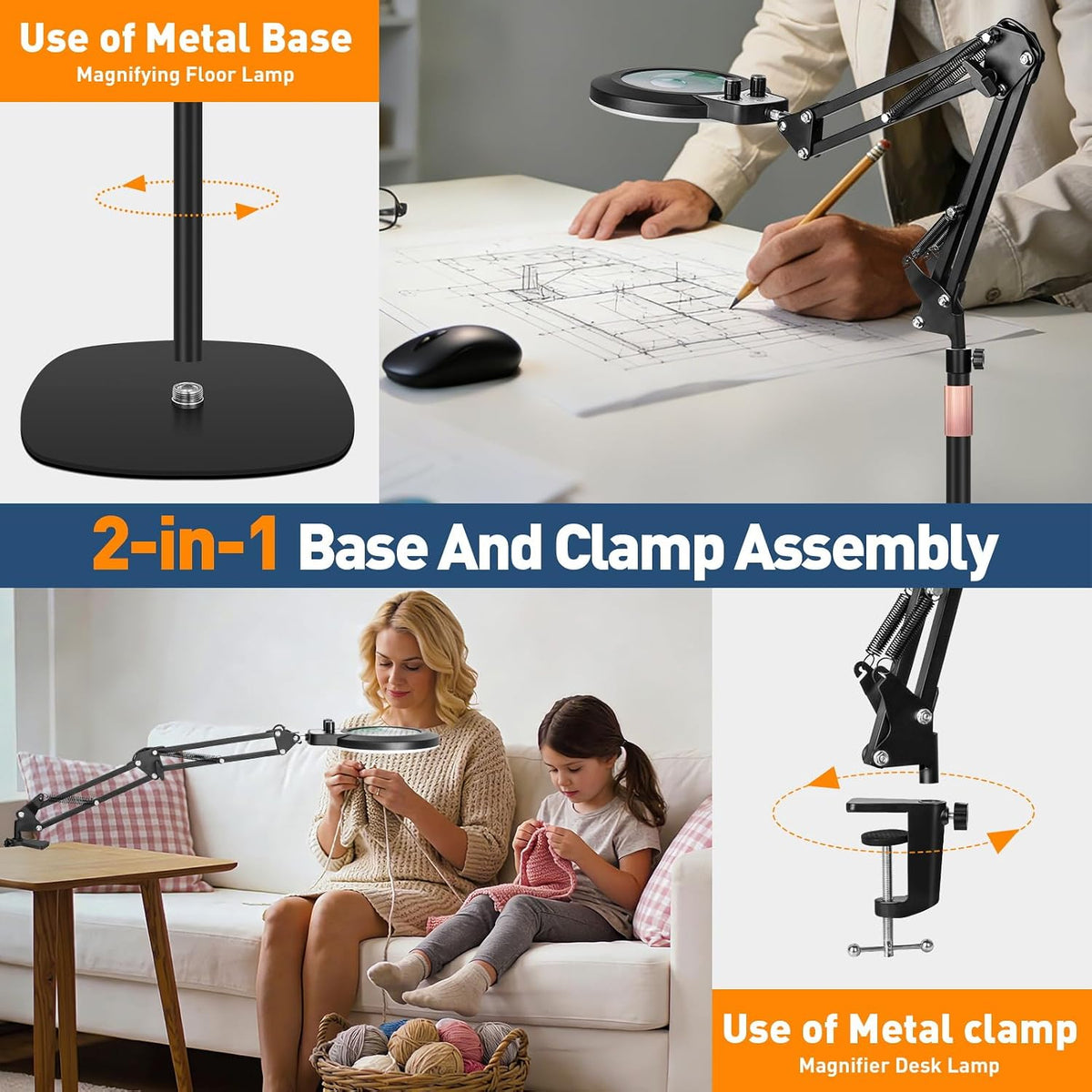 KIRKAS Magnifying Floor Lamp, 12X 30X 11.2in Stable Base Magnifier Black