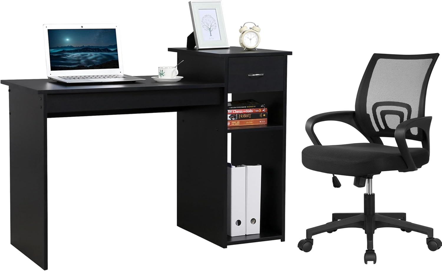 Yaheetech Black Computer Desk and Chair Set with Drawer, Shelves, Mesh Seat | Particle Board and MDF Build a Sturdy Desk with a Drawer and Elevated Platform, Paired with a Mesh Chair for Adults.