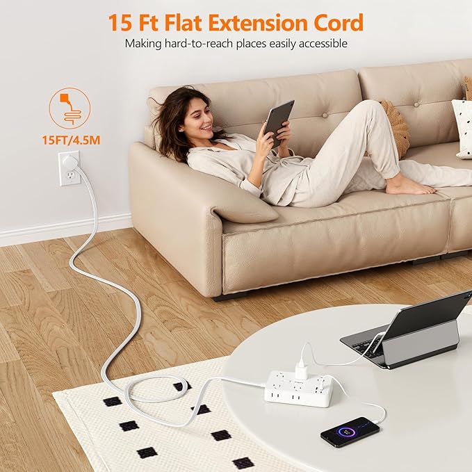 Surge Protector Power Strip 5 FT Flat Extension Cord ，10 AC Outlets & 4 USB - Image 7