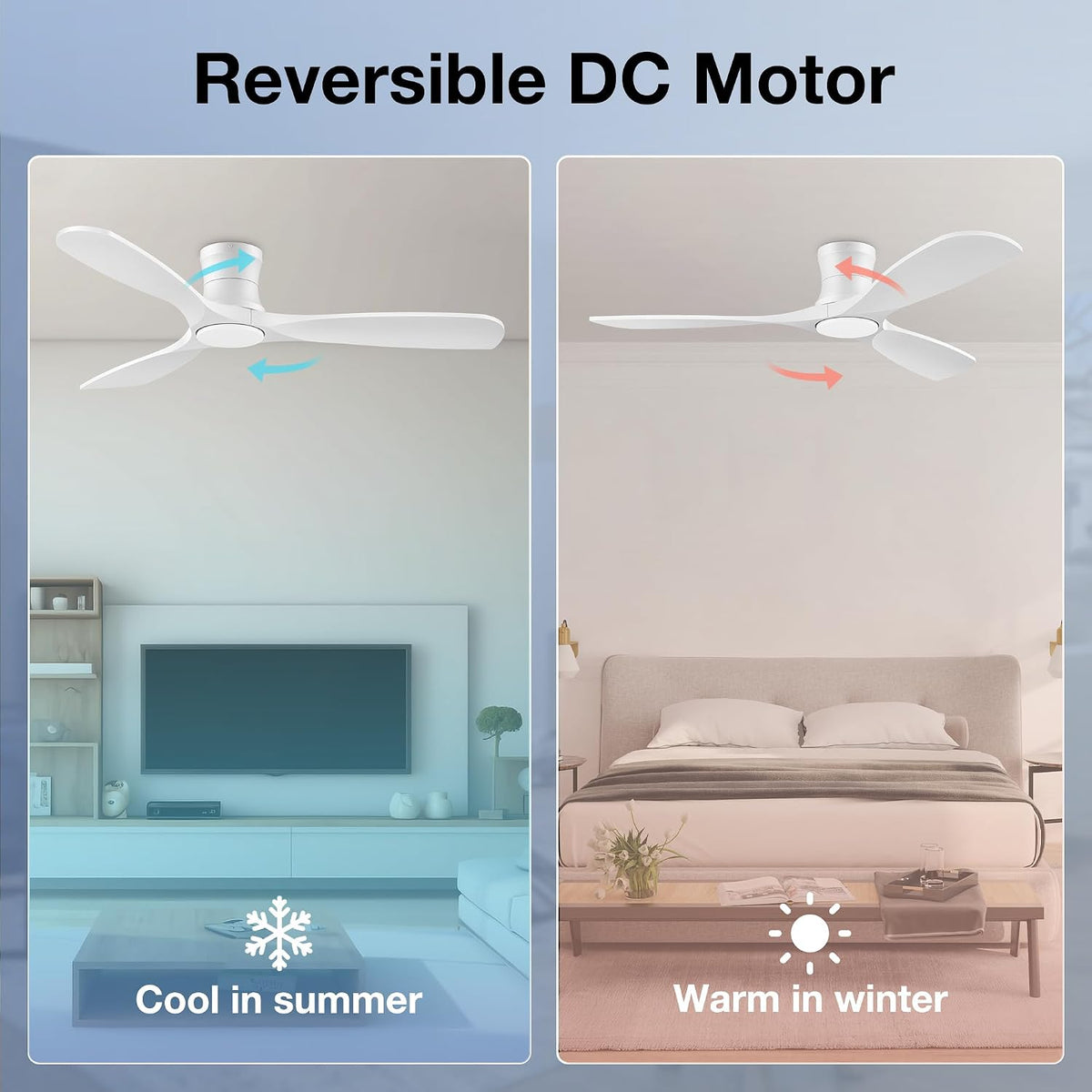52” smart low profile ceiling fans with light, front angle view