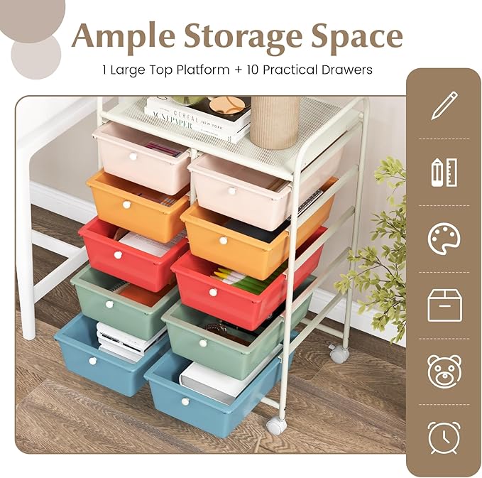 GOFLAME 10-Drawer Rolling Storage Cart, Art Craft Storage Organizer on Wheels - Image 4