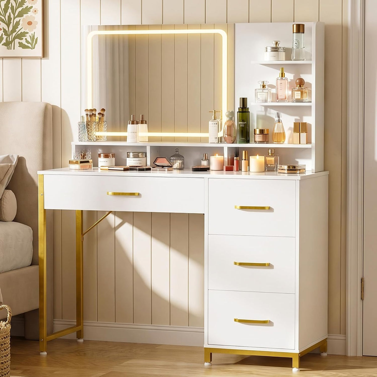 COMHOMA Vanity Desk with Mirror and Lights, Makeup Vanity Table with 4 Drawer...
