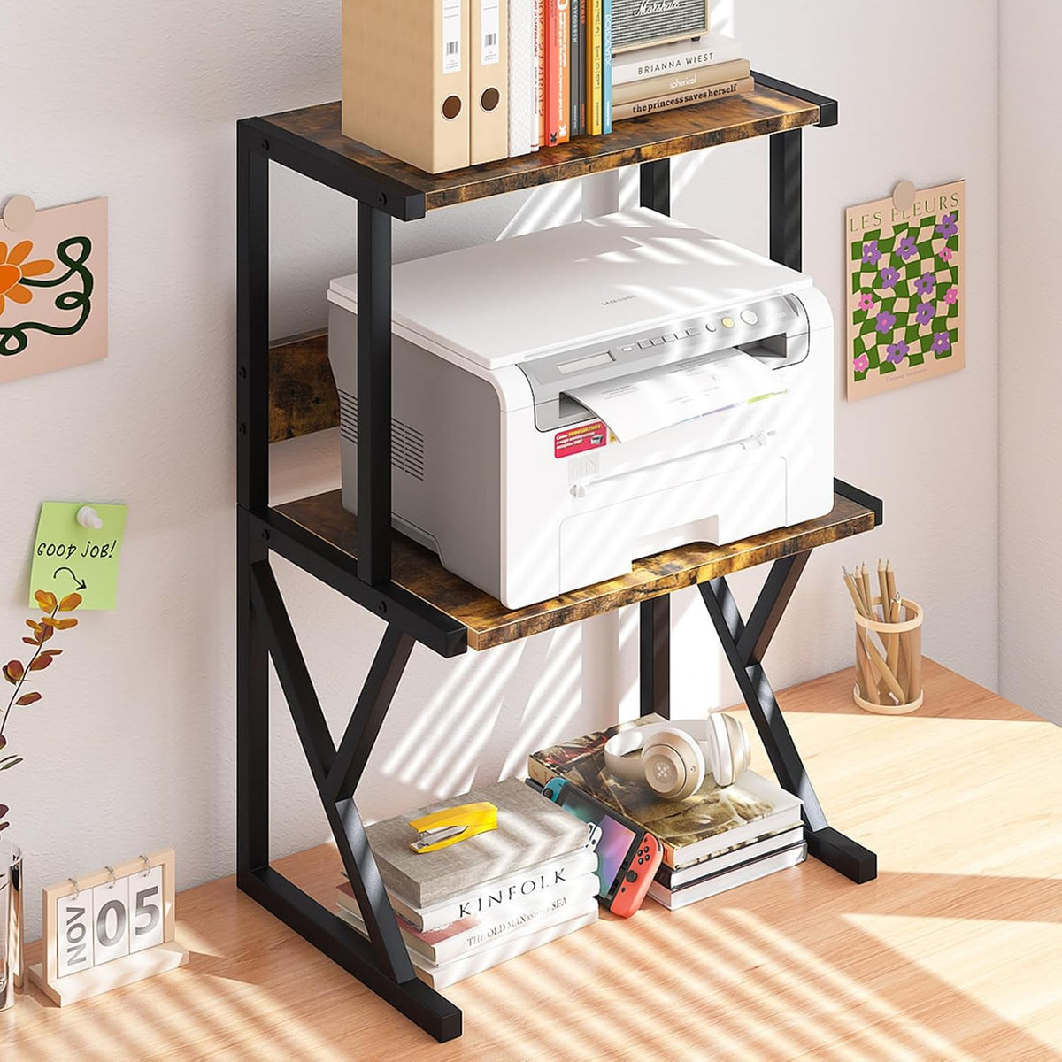 aboxoo Printer Stand for Desk to Save Space, Metal+Wood for Home Office