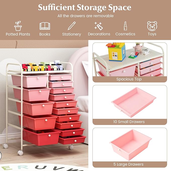 COSTWAY 15 Drawers Storage Cart, Mobile Tools Scrapbook Paper Organizer Cart - Image 4