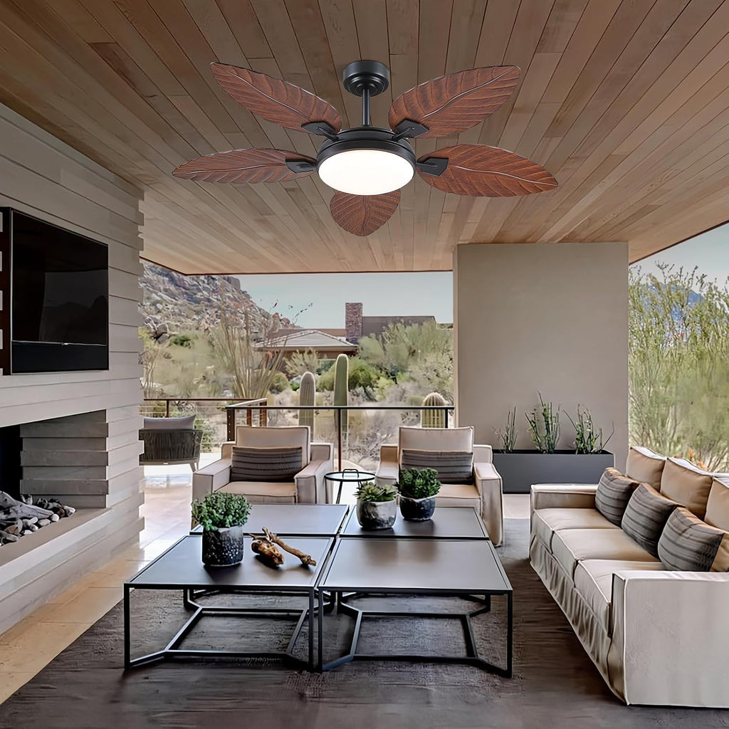 52"brown tropical outdoor palm leaf ceiling fans with, front angle view