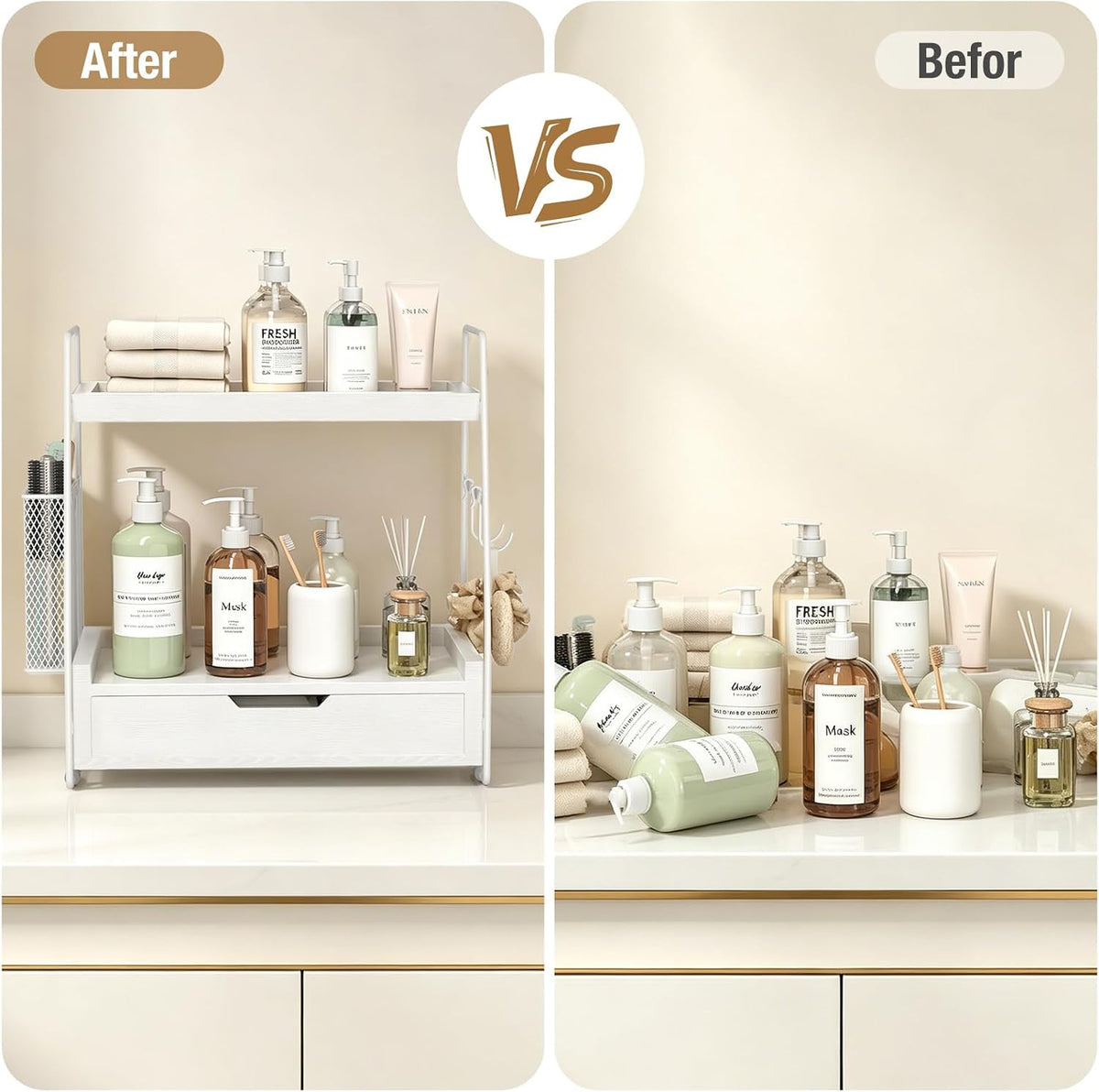 2-Tier Bathroom Counter Organizer with Drawer, Wood Counter Storage Shelf