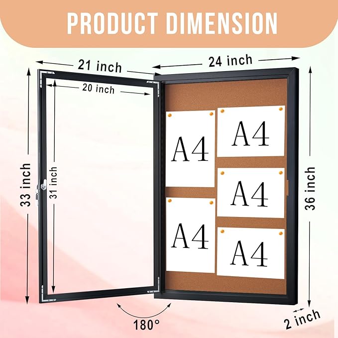 Homezelle Enclosed Cork Bulletin Board 36"x24" Outdoor Weatherproof Cork - Image 2